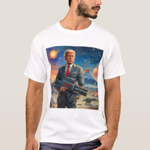 Trump on Alien Planet Dinosaurs Laser Gun Volcano T-Shirt