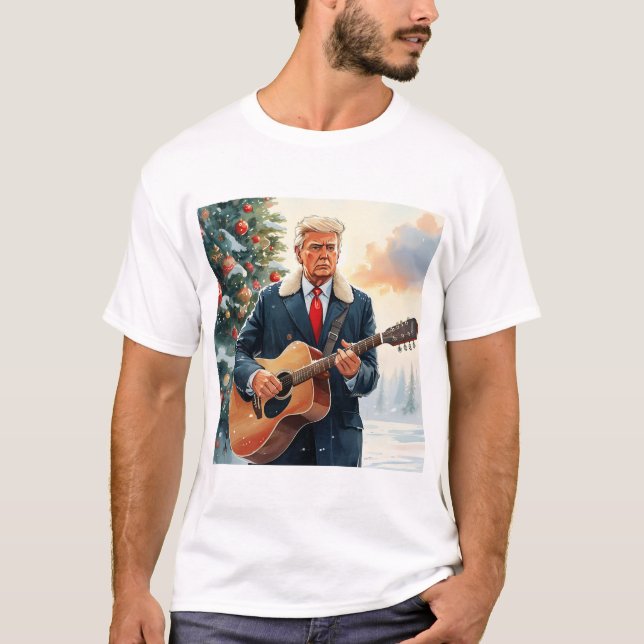 Trump playing Acoustic Guitar by Christmas Tree T-Shirt (Front)