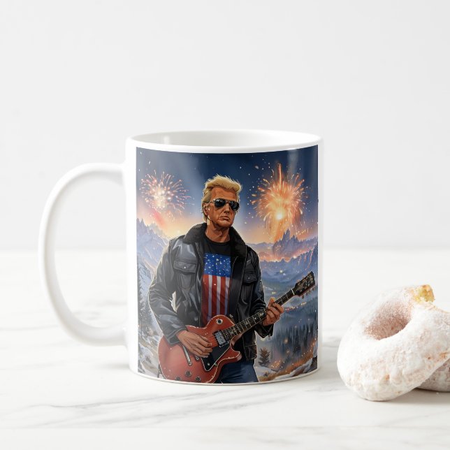 Trump Playing Electric Guitar Mount Rushmore MAGA Coffee Mug (With Donut)