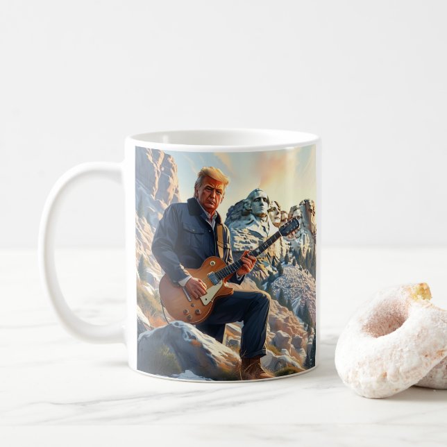 Trump Playing Electric Guitar Mount Rushmore MAGA Coffee Mug (With Donut)