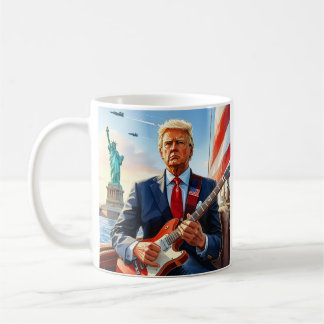 Trump Playing Electric Guitar Statue Liberty Flag Coffee Mug