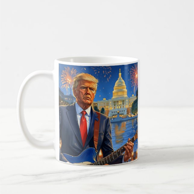 Trump Playing Electric Guitar US Capitol Fireworks Coffee Mug (Left)