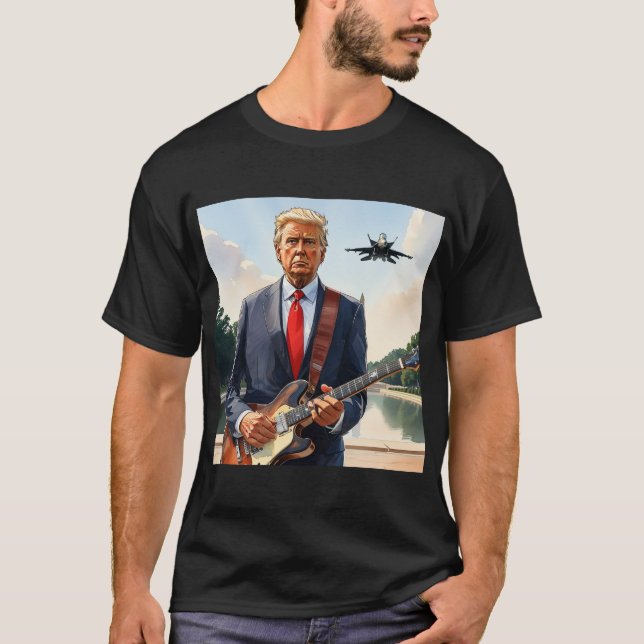 Trump Playing Electric Guitar Washington Monument T-Shirt (Front)