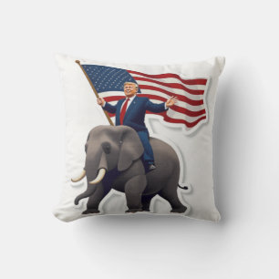 Trump riding an elephant holding the Flag Throw Pillow