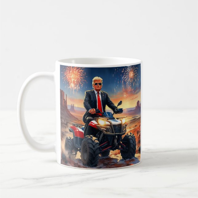Trump riding ATV in Monument Valley Fireworks USA Coffee Mug (Left)