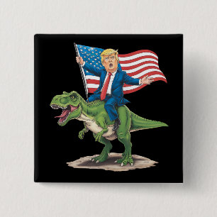 Trump Riding Dinosaur T Rex USA American Flag Button
