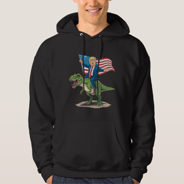Trump Riding Dinosaur T Rex USA American Flag Hoodie (Front)
