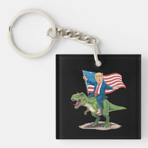 Trump Riding Dinosaur T Rex USA American Flag Keychain