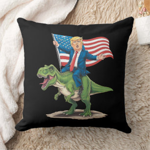 Trump Riding Dinosaur T Rex USA American Flag Throw Pillow