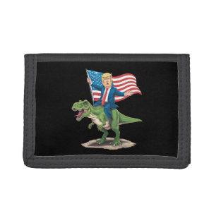 Trump Riding Dinosaur T Rex USA American Flag Trifold Wallet
