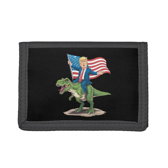 Trump Riding Dinosaur T Rex USA American Flag Trifold Wallet (Front)