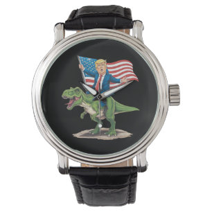 Trump Riding Dinosaur T Rex USA American Flag Watch