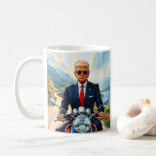 Trump Riding Motorcycle in Beautiful Mountains USA Coffee Mug