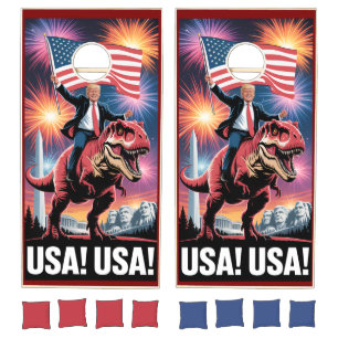 Trump Riding T Rex Patriotic Fourth July Cornhole  Set