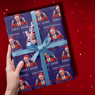 Trump Santa Hat Make Christmas Great Again Blue Wrapping Paper