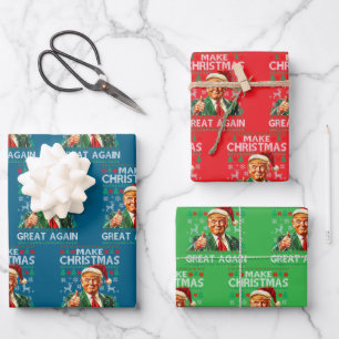 Trump Santa Hat Make Christmas Great Again Green Wrapping Paper Sheets