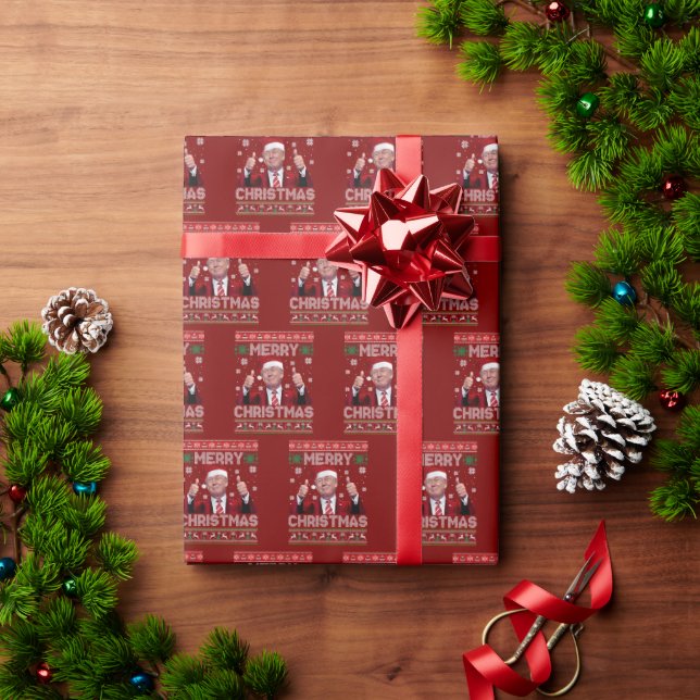 Trump Santa Hat Merry Christmas Ugly Sweater Red Wrapping Paper (Holiday Gift)