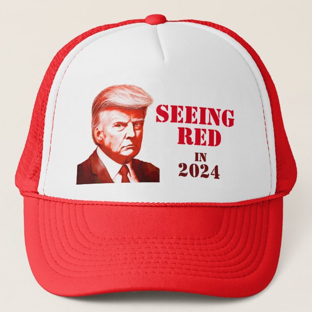 Trump Seeing Red Unofficial Mug Shot Trump 2024 Trucker Hat (Front)