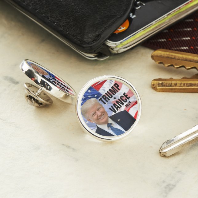Trump Vance 2024 Photo Waving American Flag Lapel Pin (In Situ)