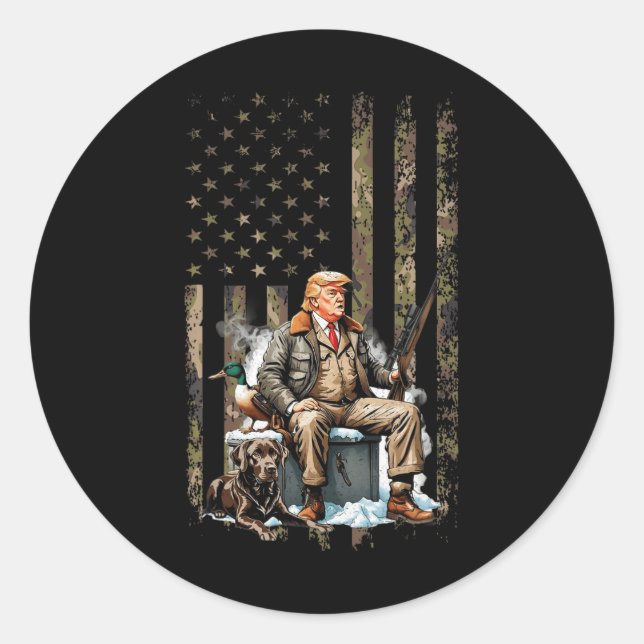 Trump With Dog Duck Waterfowl Hunting Camo Preside Classic Round Sticker (Front)