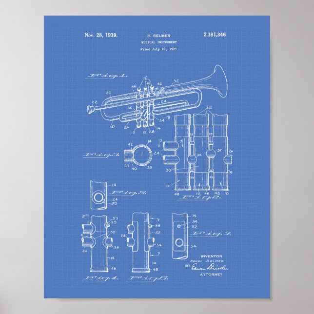 Trumpet 1939 Patent Art Blueprint Poster (Front)