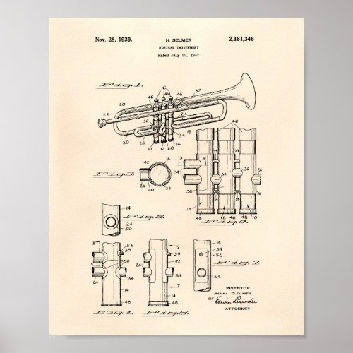 Trumpet 1939 Patent Art Old Peper Poster