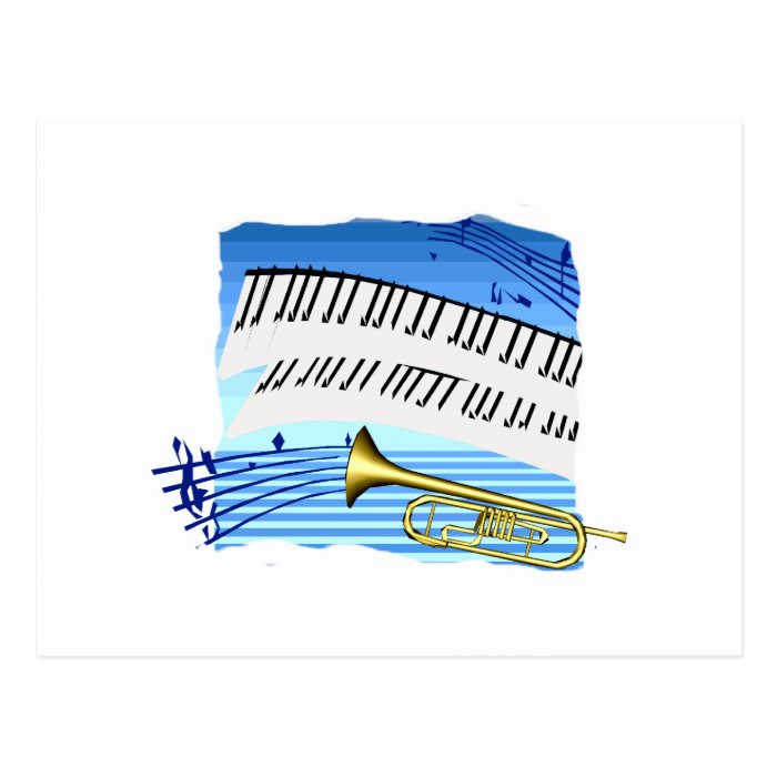 Trumpet and Keyboard, blue theme graphic music Postcards