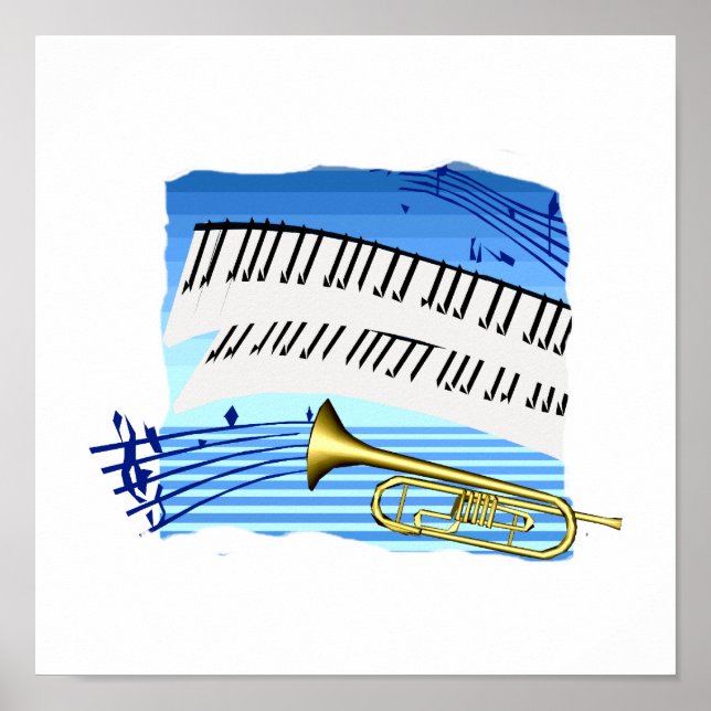 Trumpet and Keyboard, blue theme graphic music Poster (Front)