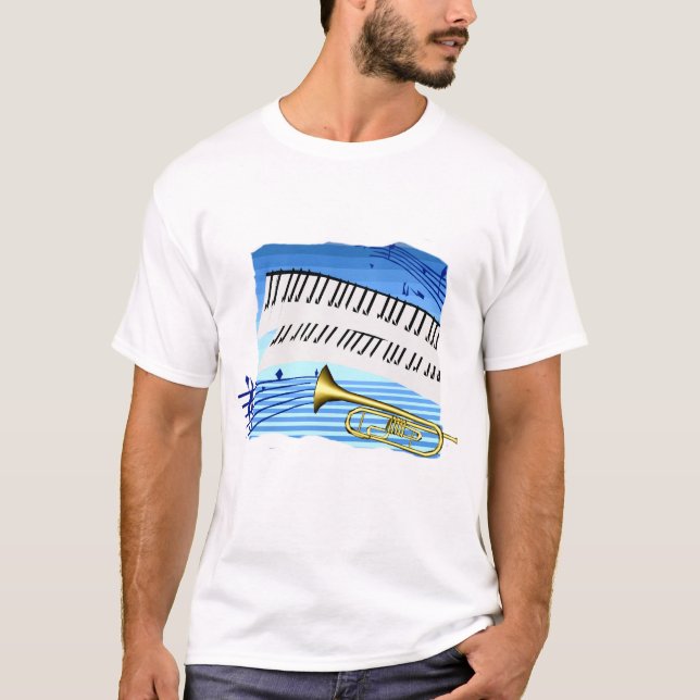 Trumpet and Keyboard, blue theme graphic music T-Shirt (Front)
