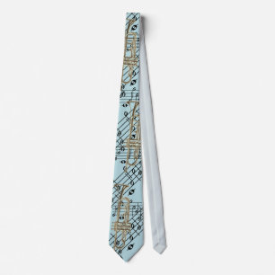 Trumpet And Music Notes On Blue Neck Tie