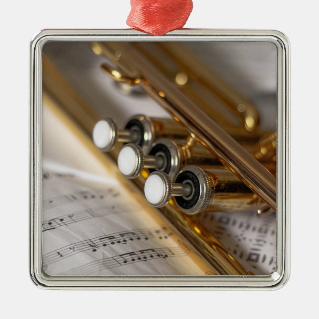 Trumpet and Sheet Music Brass Instrument Metal Ornament (Front)