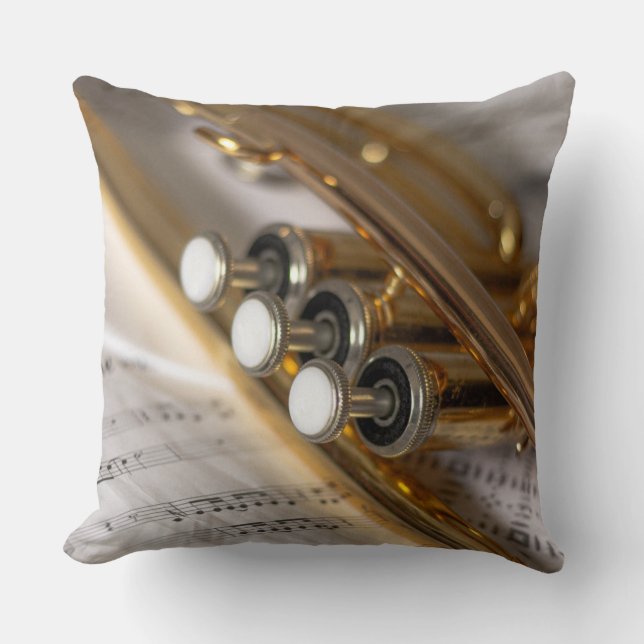Trumpet and Sheet Music Brass Instrument Throw Pillow (Front)