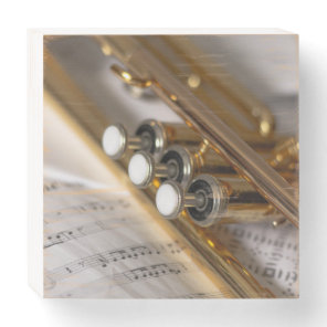 Trumpet and Sheet Music Brass Instrument Wooden Box Sign