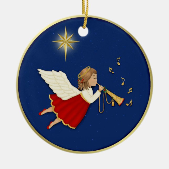 Trumpet Angel and Christmas Star Ceramic Ornament (Front)