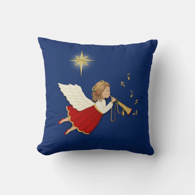 Trumpet Angel and Christmas Star Throw Pillow (Front)