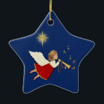 Trumpet Angel Ceramic Ornament<br><div class="desc">Night sky with stars shining in background. Angel with golden trumpet and music notes</div>