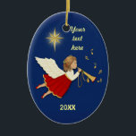 Trumpet Angel Ceramic Ornament<br><div class="desc">Night sky with stars shining in background. Angel with golden trumpet and music notes. Customize text and date areas.</div>