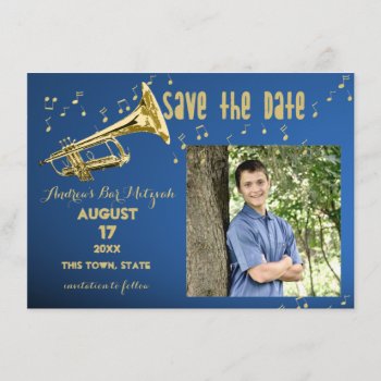 Trumpet Bar Mitzvah Save The Date by InBeTeen at Zazzle
