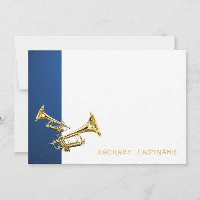 Trumpet Blue Gold Thank You Flat Card (Front)