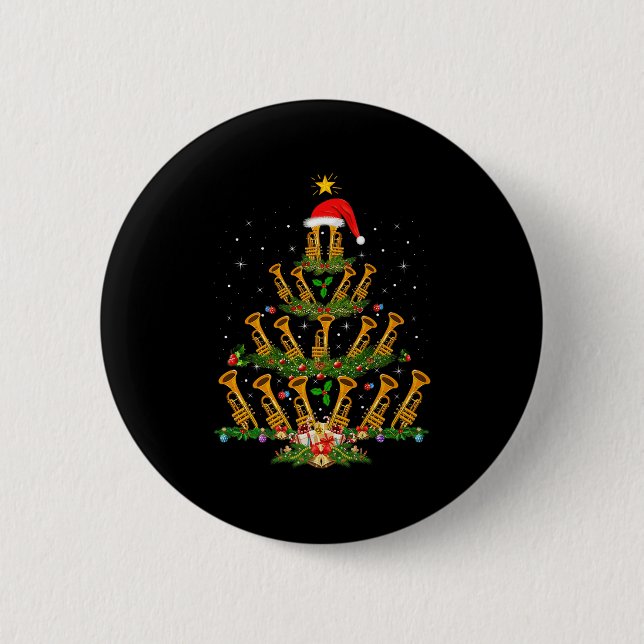 Trumpet Christmas Tree Lights Music Lover Musical  Button (Front)