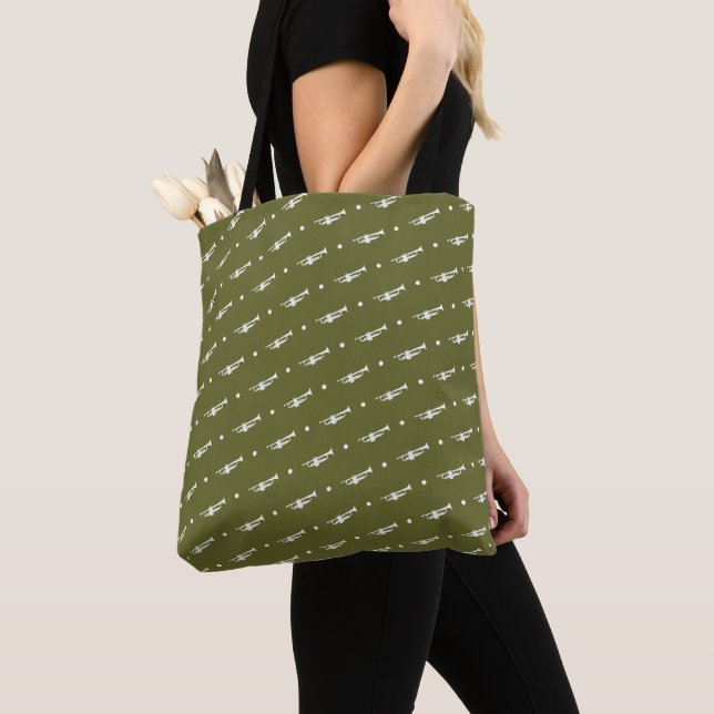 Trumpet Dots Green Band Orchestra Musician Gift Tote Bag (Close Up)