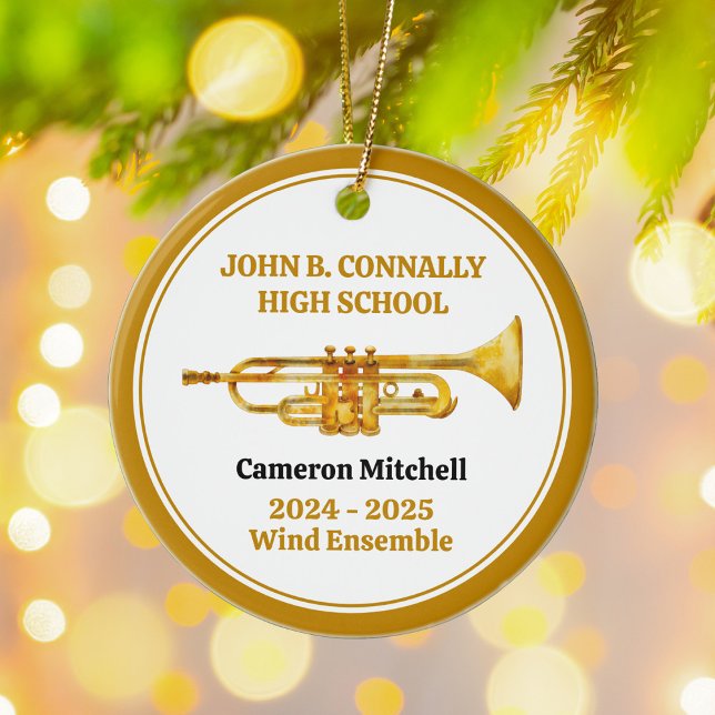 Trumpet High School Band Custom Gold Christmas Ceramic Ornament (Creator Uploaded)