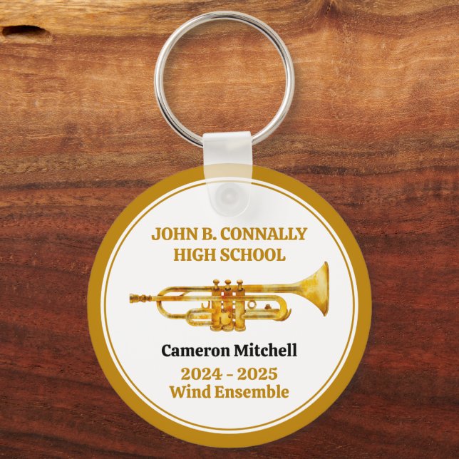 Trumpet High School Band Custom Gold Christmas Keychain (Front)