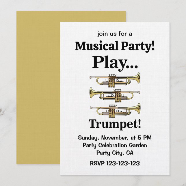 Trumpet Instrument Trumpeter Musical Party Invitation (Front/Back)