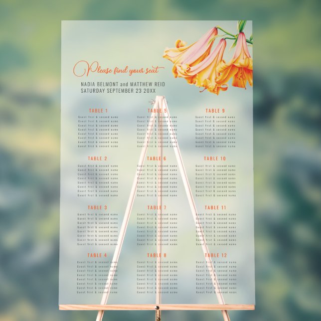 Trumpet lilies wedding 12 table seating chart  (Neutral)