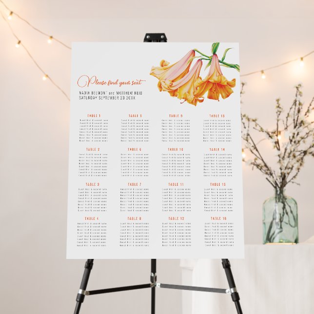 Trumpet lilies wedding 16 table seating chart  foam board (In Situ (Stand))