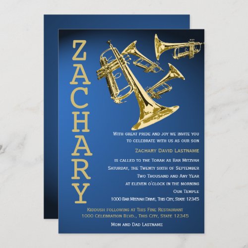 Trumpet Mania Music Blue Gold Bar Mitzvah Invitation