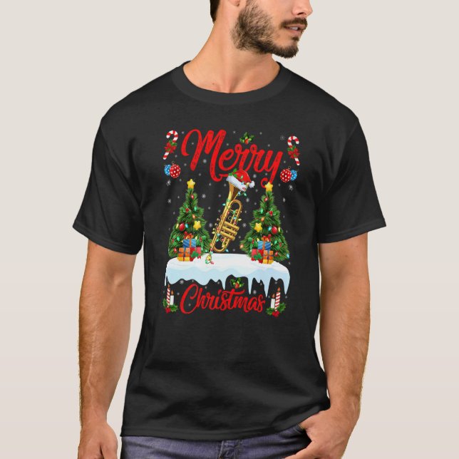 Trumpet Music  Lights Xmas Tree Santa Trumpet Chri T-Shirt (Front)
