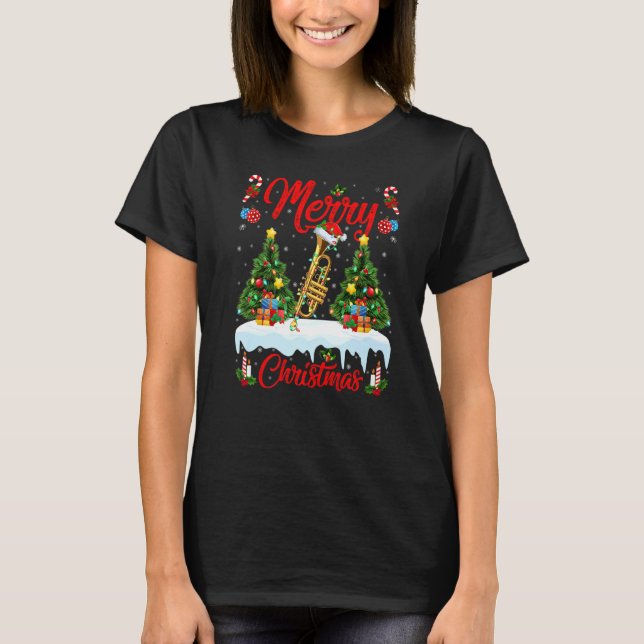 Trumpet Music  Lights Xmas Tree Santa Trumpet Chri T-Shirt (Front)