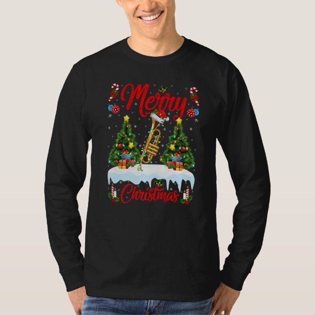 Trumpet Music  Lights Xmas Tree Santa Trumpet Chri T-Shirt (Front)